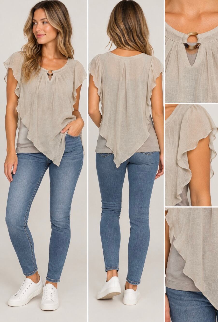 ALYX Women’s Size L Beige Layered Blouse Ruffle Sleeve Asymmetrical Boho Top